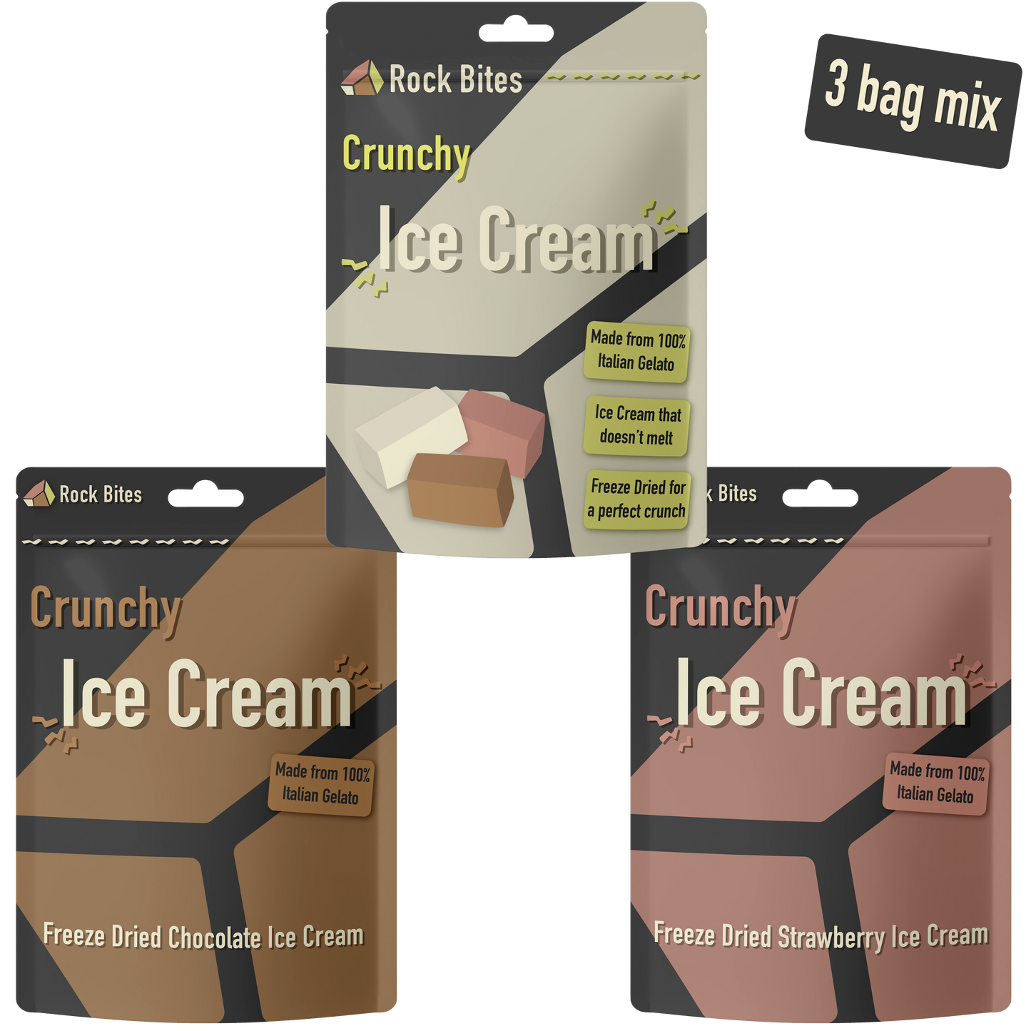 Rock Bites - Freeze Dried Ice Cream 3 Pouch Combo - 1 Vanilla , 1 Chocolate, 1 Strawberry