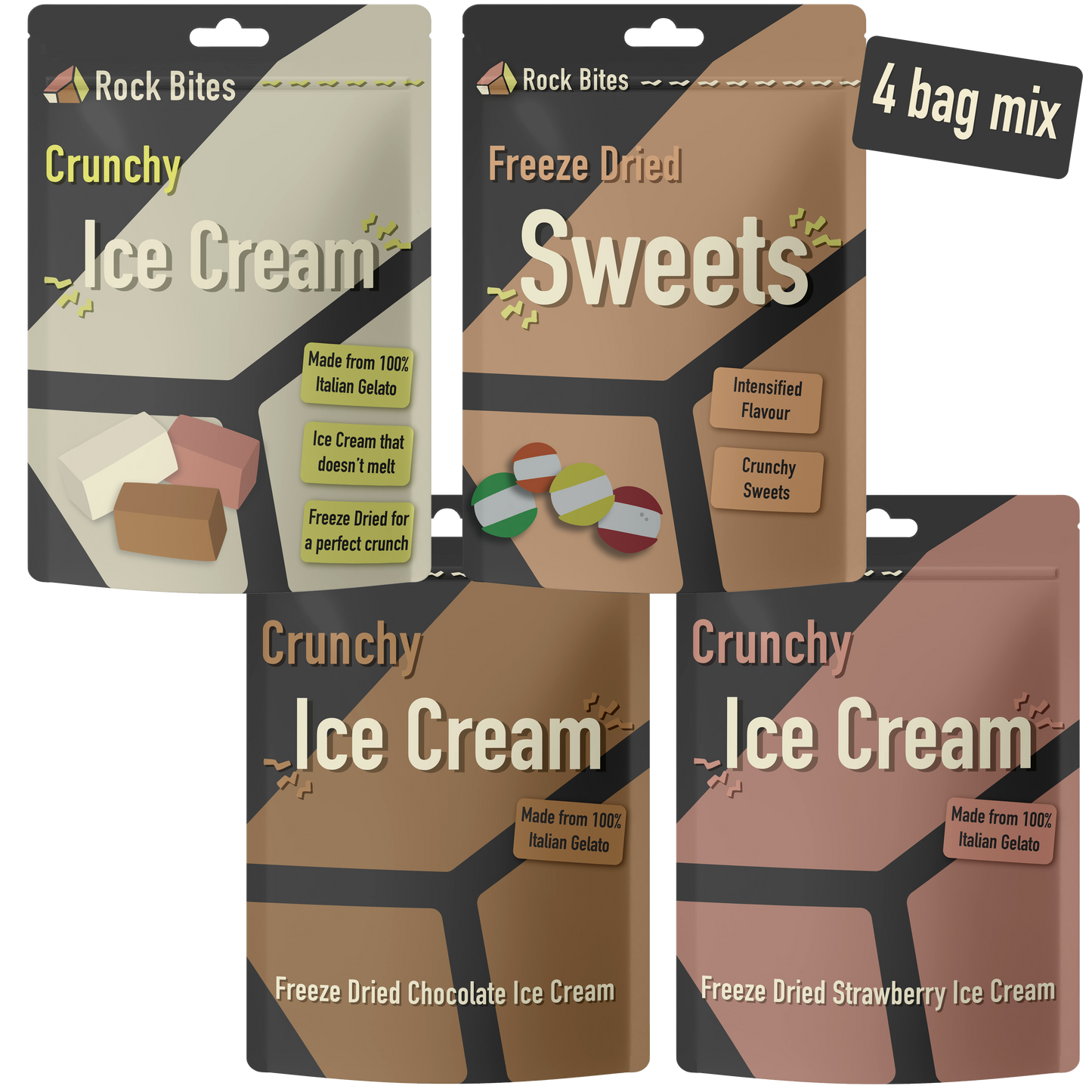 Rock Bites Freeze Dried Discovery Box - 1 rainbow sweets, 1 vanilla, 1 chocolate, 1 strawberry