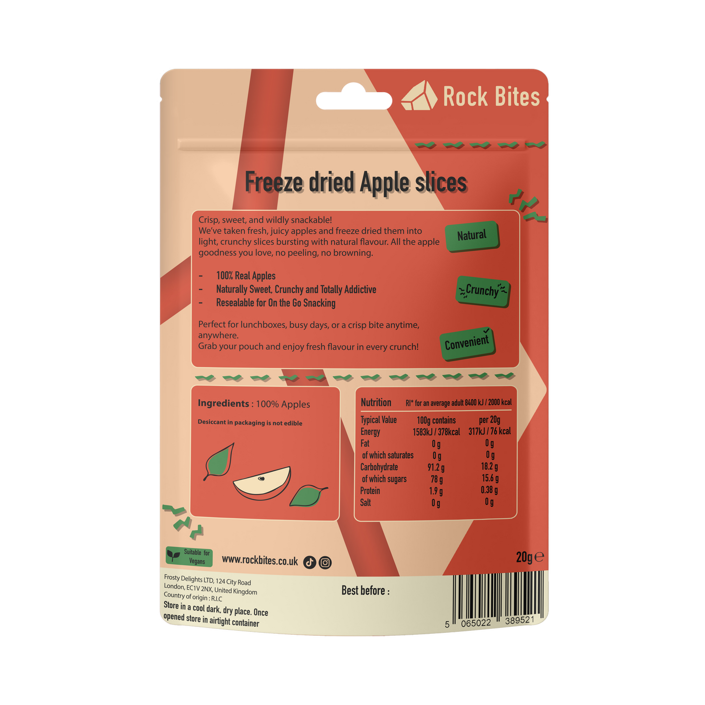 Packaging of Rock Bites freeze-dried apple slices on a white background