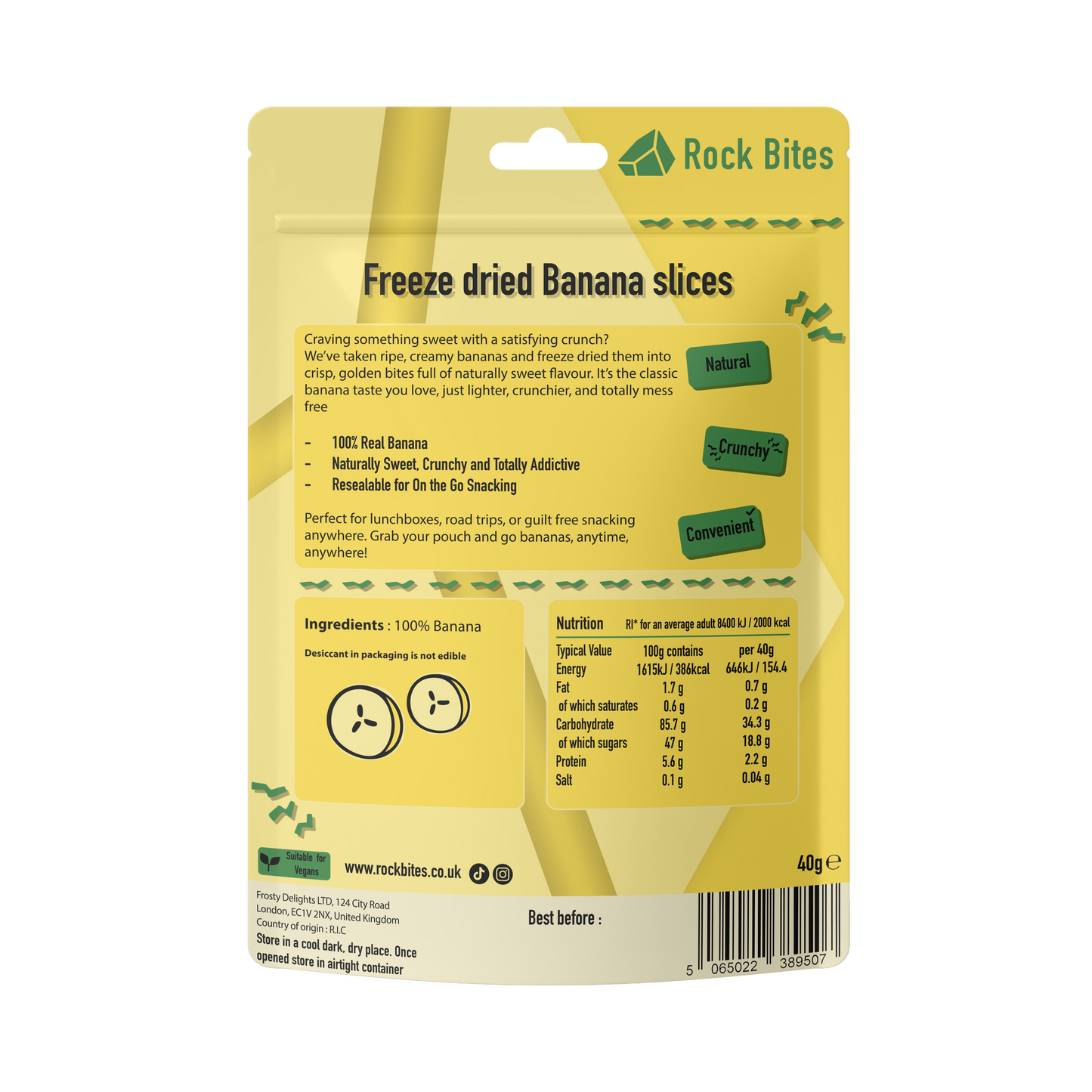 Yellow package of Rock Bites freeze-dried banana slices on a white background