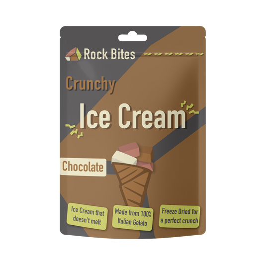 Packaging of Rock Bites Crunchy Ice Cream Freeze Dried Chocolate Ice Cream on a white background
