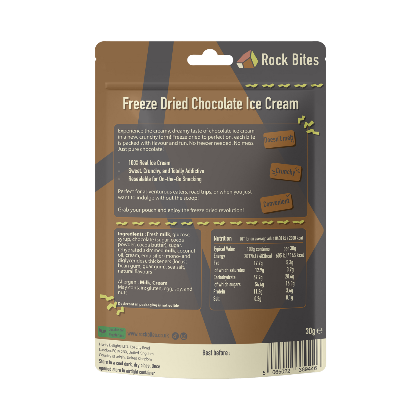 Packaging of Rock Bites Freeze Dried Chocolate Ice Cream on a white background