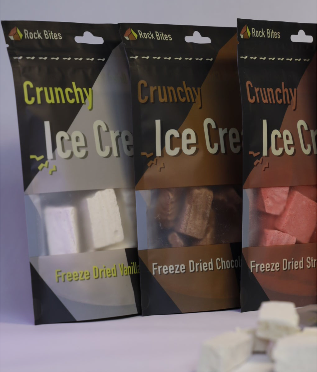Rock Bites - Freeze Dried Ice Cream 3 Pouch Combo - 1 Vanilla , 1 Chocolate, 1 Strawberry