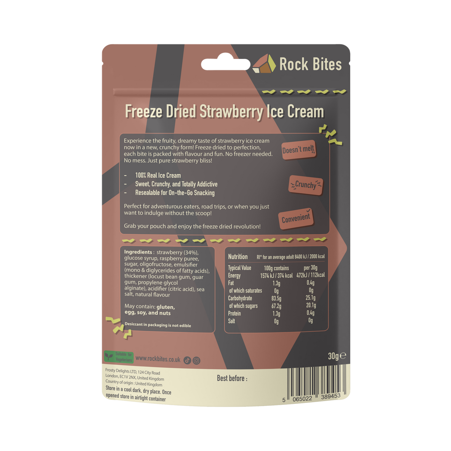 Packaging of Rock Bites Freeze Dried Strawberry Ice Cream on a white background