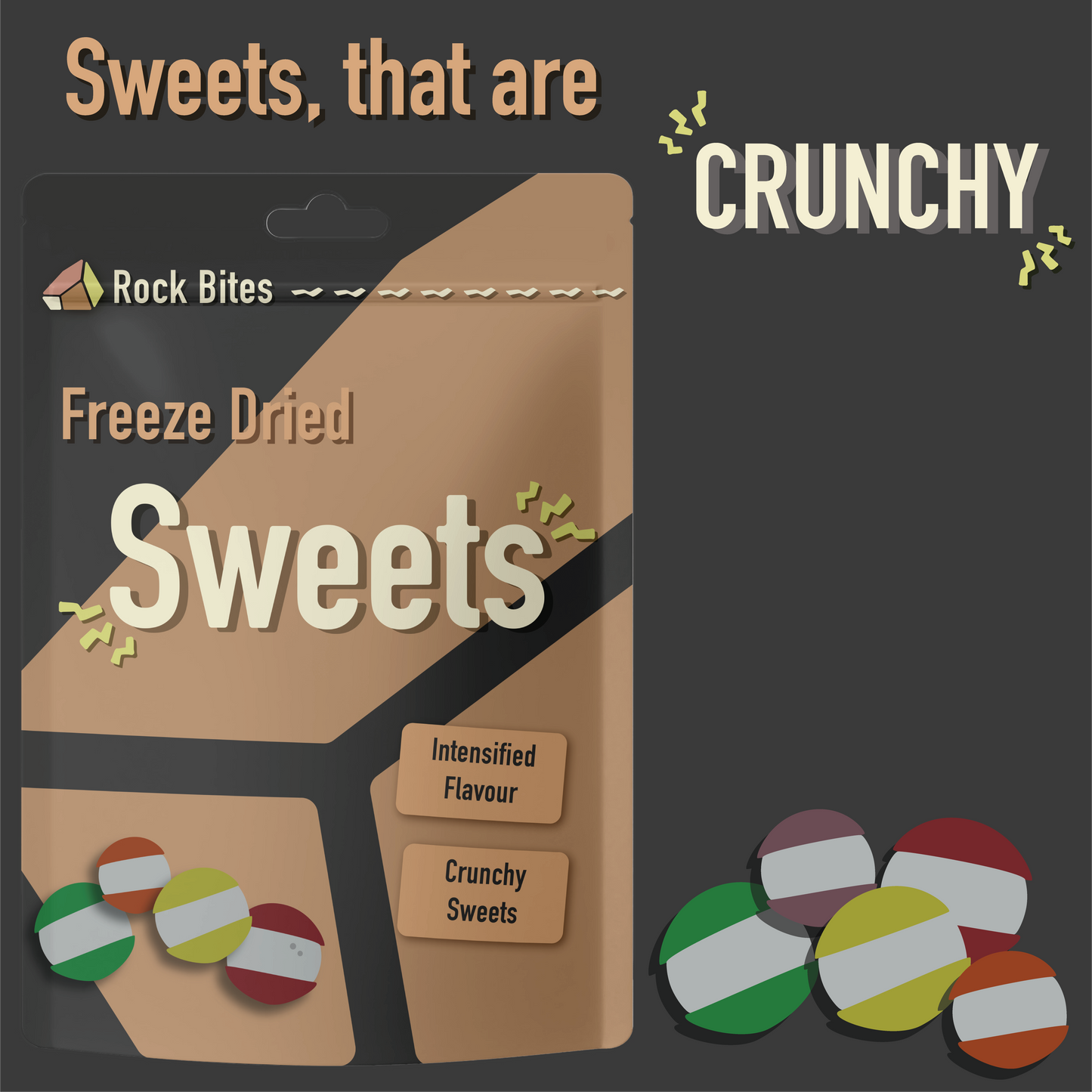 Rock Bites Freeze Dried Discovery Box - 1 rainbow sweets, 1 vanilla, 1 chocolate, 1 strawberry