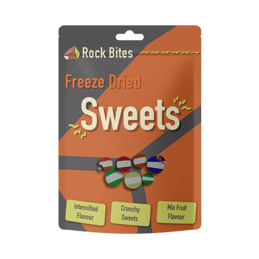 Packaging of Rock Bites Freeze Dried Sweets on a white background