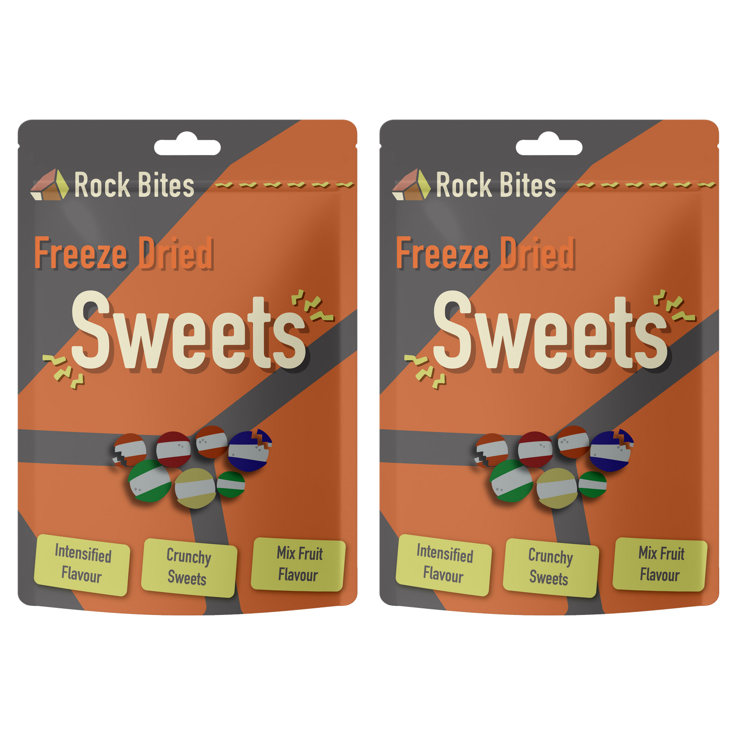 Two packages of Rock Bites Freeze Dried Sweets on a white background