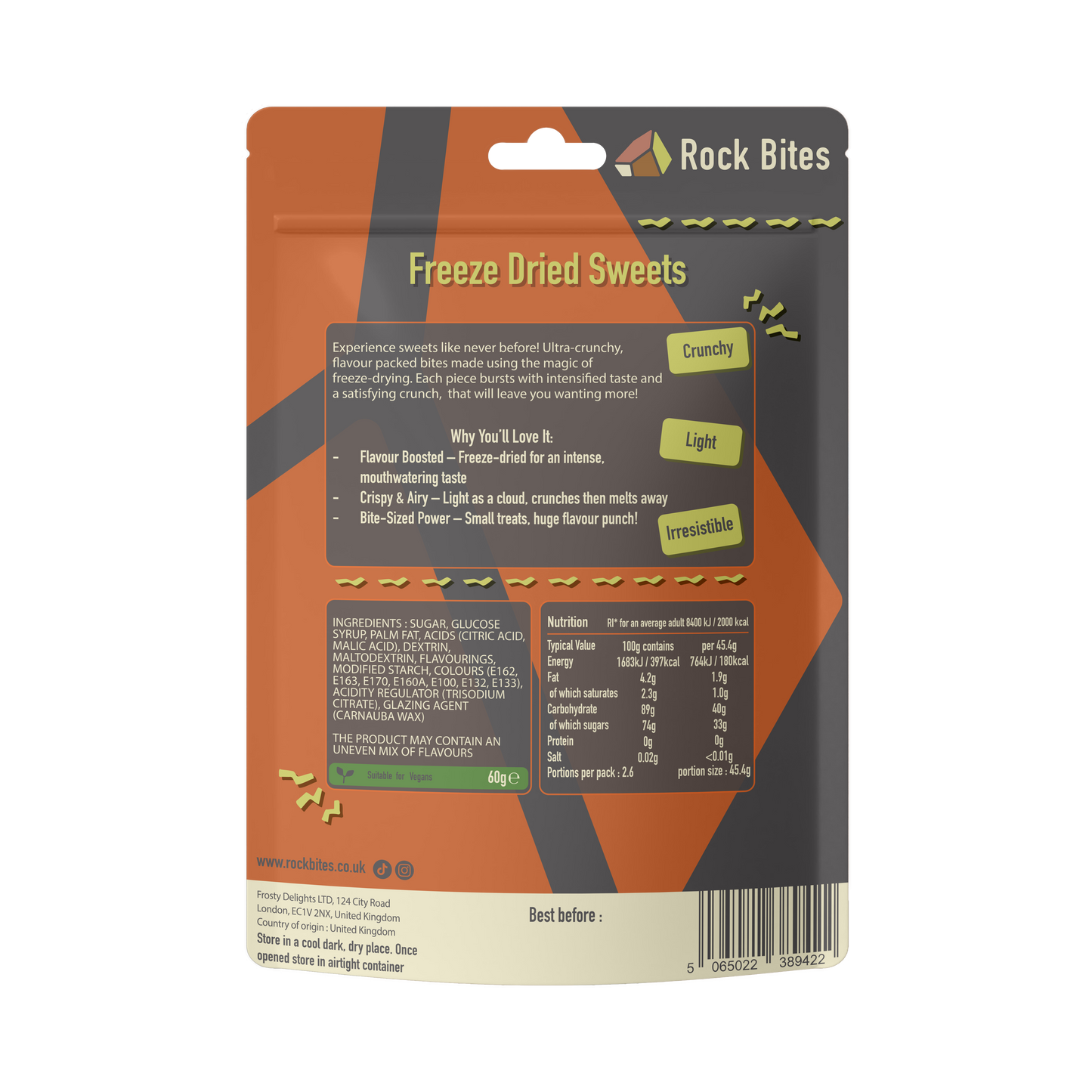 Rock Bites freeze-dried sweets packaging with orange and gray design