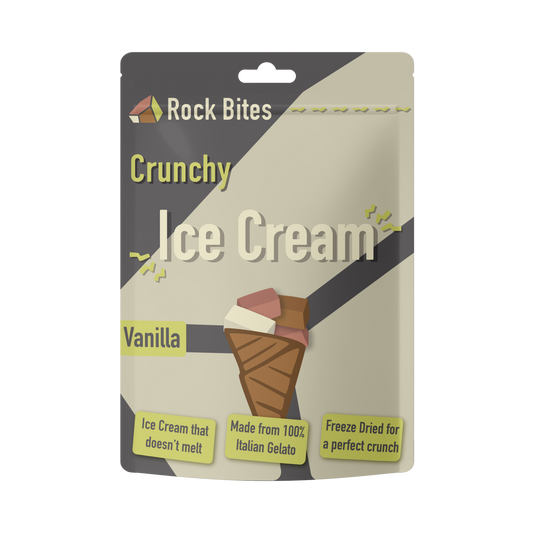 Rock Bites Crunchy Ice Cream packaging on a white background