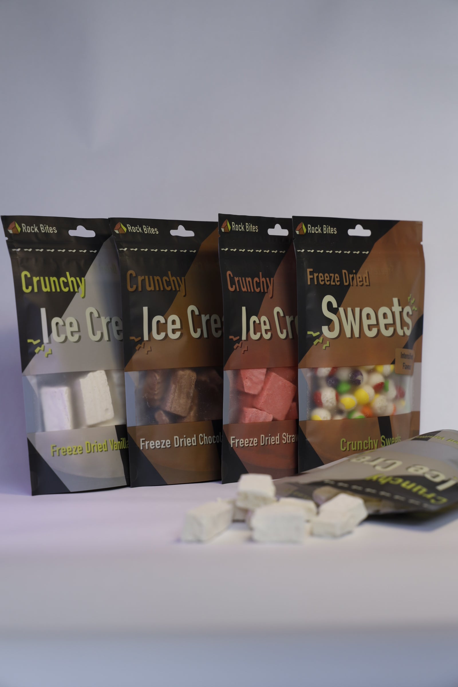 Packaging of ice cream freeze dried with a white background