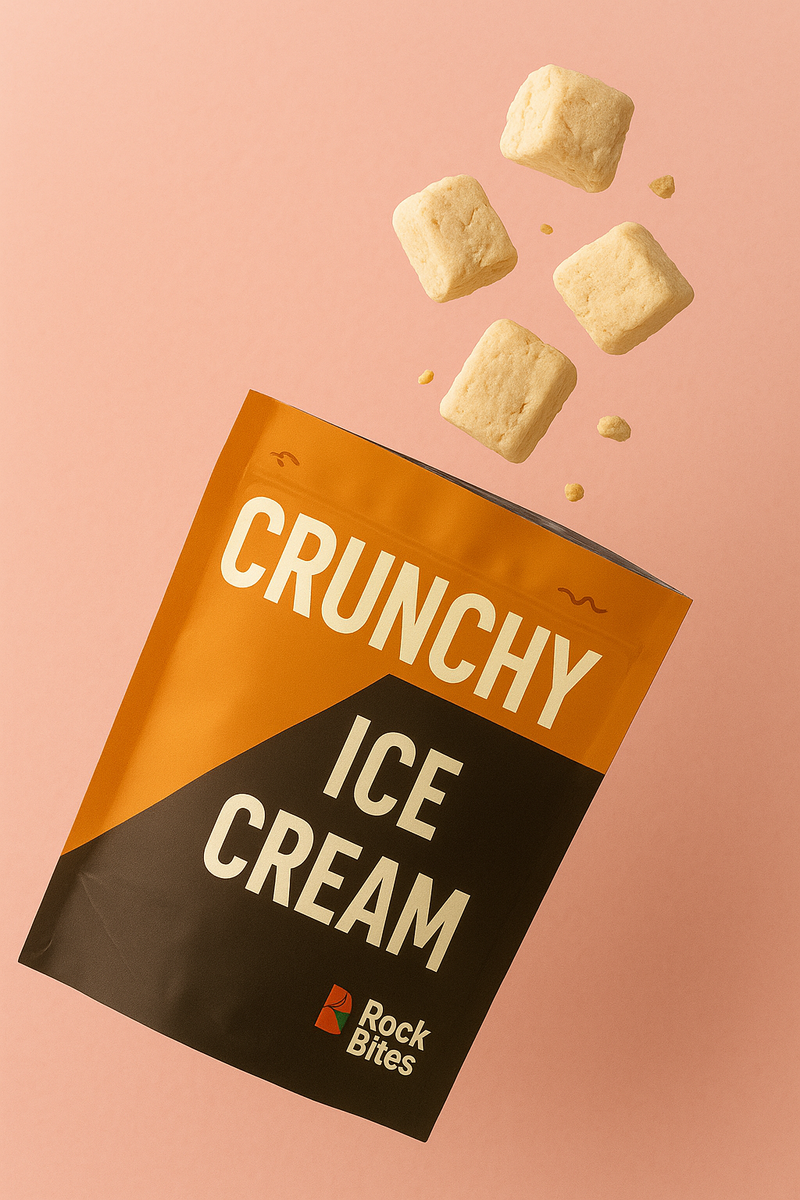 Freeze dried vanilla ice cream coming out of its packaging with pink background