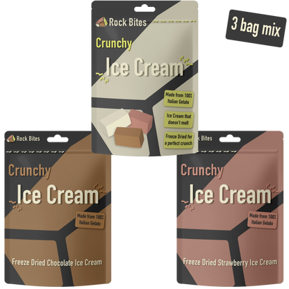 Rock Bites - Freeze Dried Ice Cream 3 Pouch Combo - 1 Vanilla , 1 Chocolate, 1 Strawberry