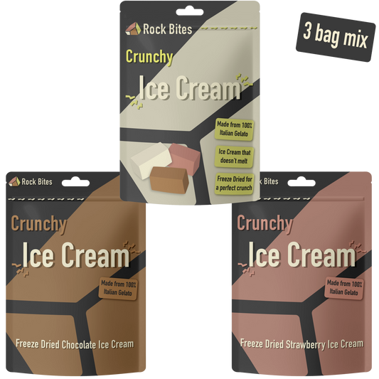 Rock Bites - Freeze Dried Ice Cream 3 Pouch Combo - 1 Vanilla , 1 Chocolate, 1 Strawberry