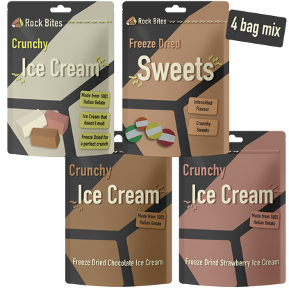 Rock Bites Freeze Dried Discovery Box - 1 rainbow sweets, 1 vanilla, 1 chocolate, 1 strawberry