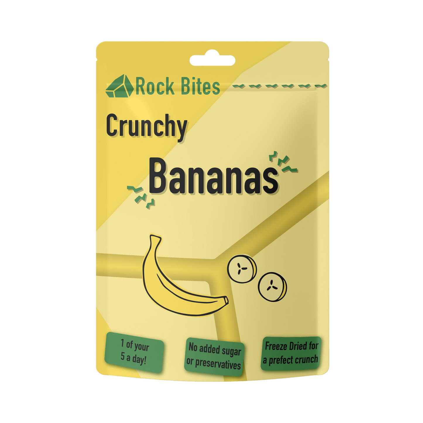Packaging of Rock Bites Crunchy Bananas on a white background