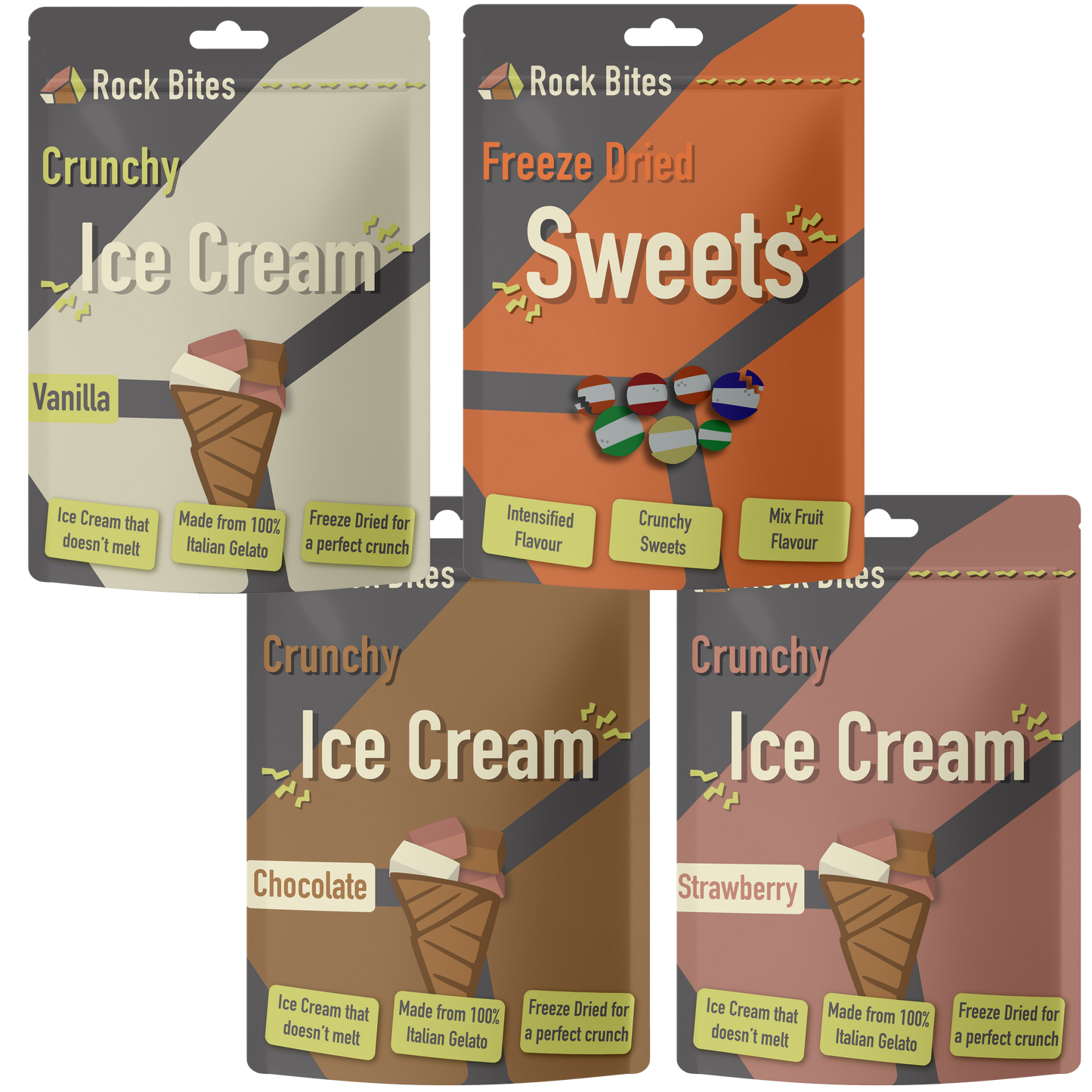 Four packages of Rock Bites Crunchy Ice Cream and Freeze Dried Sweets on a transparent background