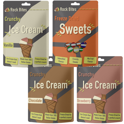 Four packages of Rock Bites Crunchy Ice Cream and Freeze Dried Sweets on a transparent background