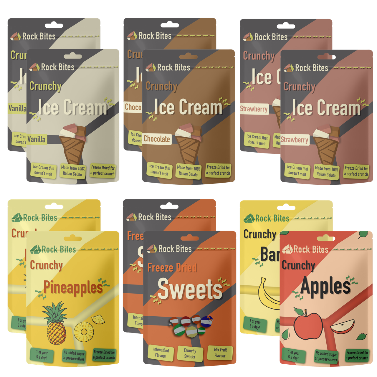 Rock Bites Freeze Dried Ultimate Crunch Box - Ice Cream, Fruit, Sweets (12 BAGS)