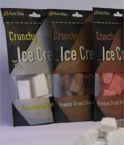 Rock Bites - Freeze Dried Ice Cream 3 Pouch Combo - 1 Vanilla , 1 Chocolate, 1 Strawberry