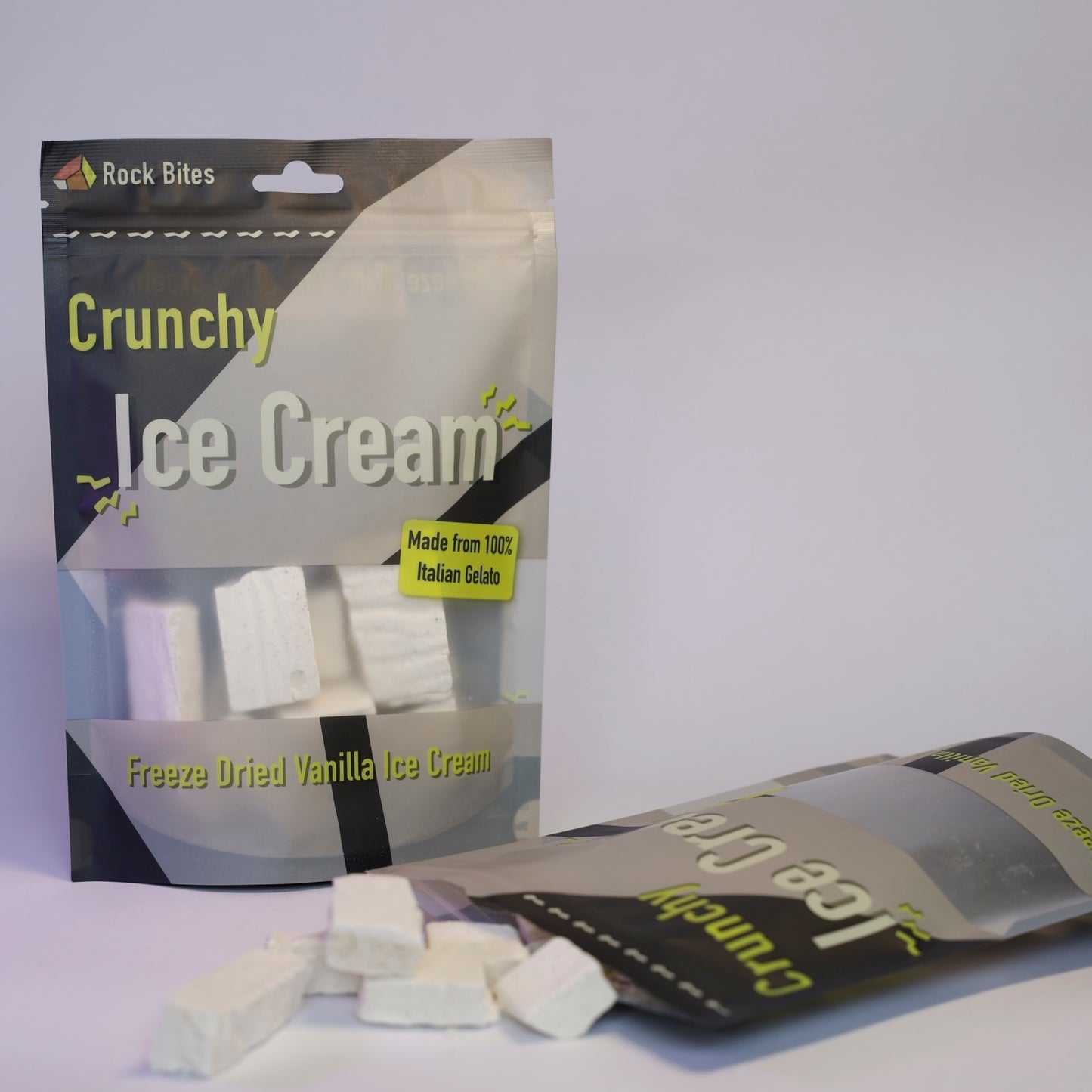 Packaging of Crunchy Ice Cream with freeze-dried vanilla ice cream cubes on a white background
