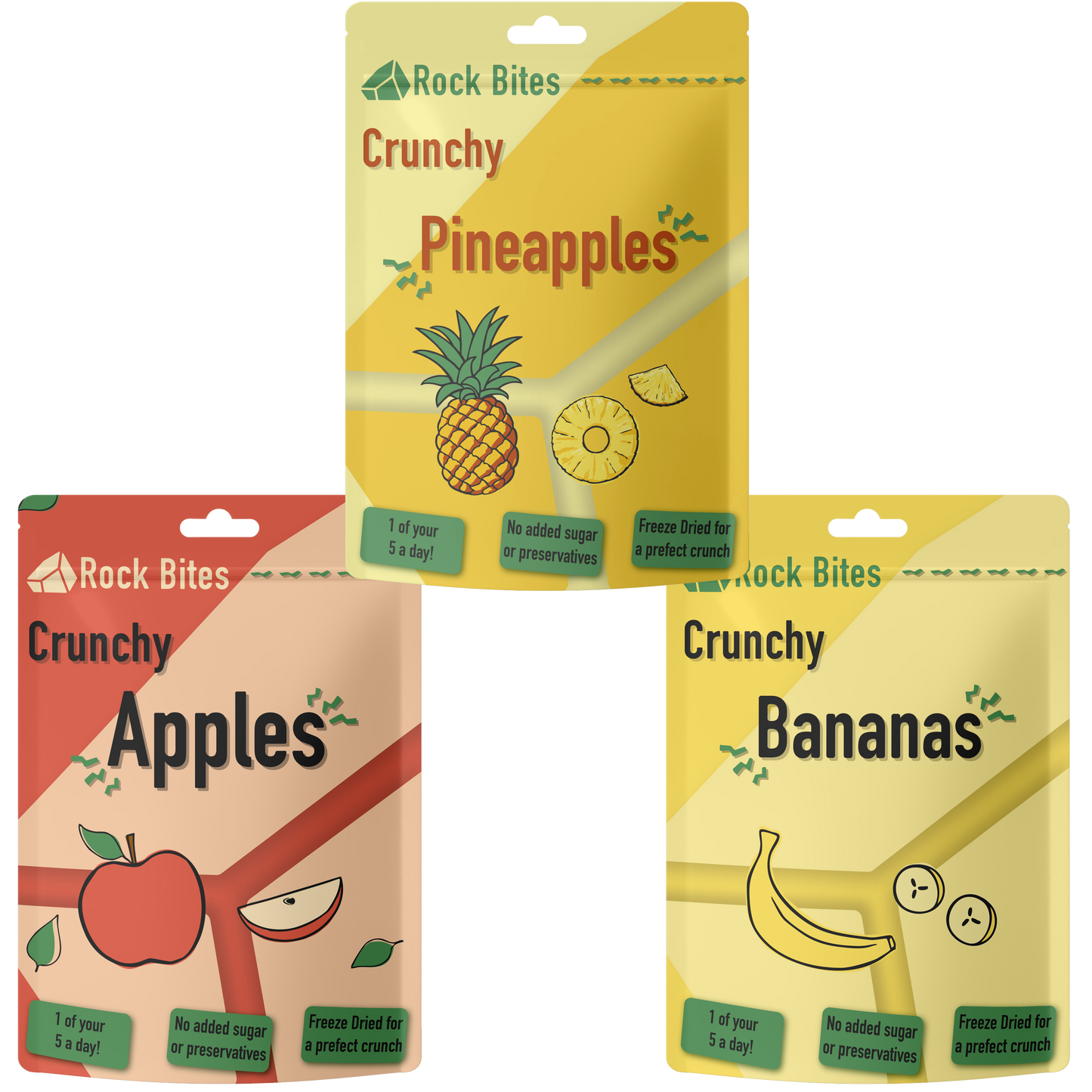 Three packages of Rock Bites snacks: Pineapples, Apples, and Bananas on a white background.