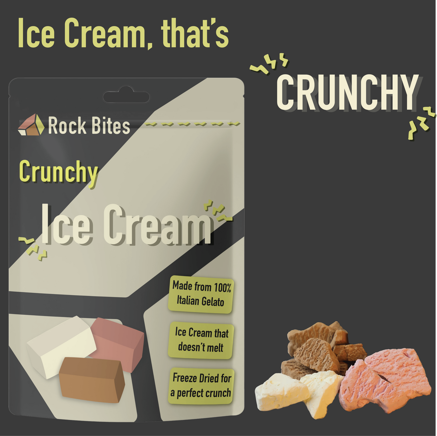 Rock Bites Freeze Dried Ice Cream - Crunchy Ice Cream that doesn't melt - 30g pouch