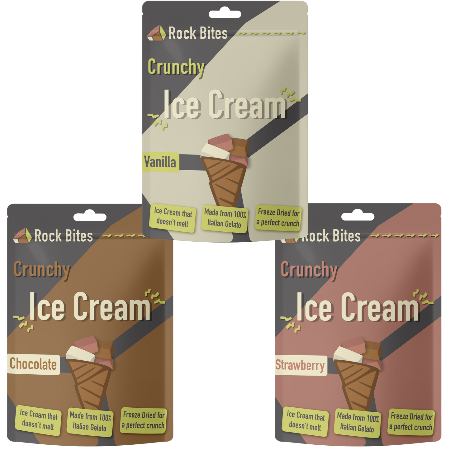 Rock Bites - Freeze Dried Ice Cream 3 Bag Combo - Vanilla , Chocolate, Strawberry