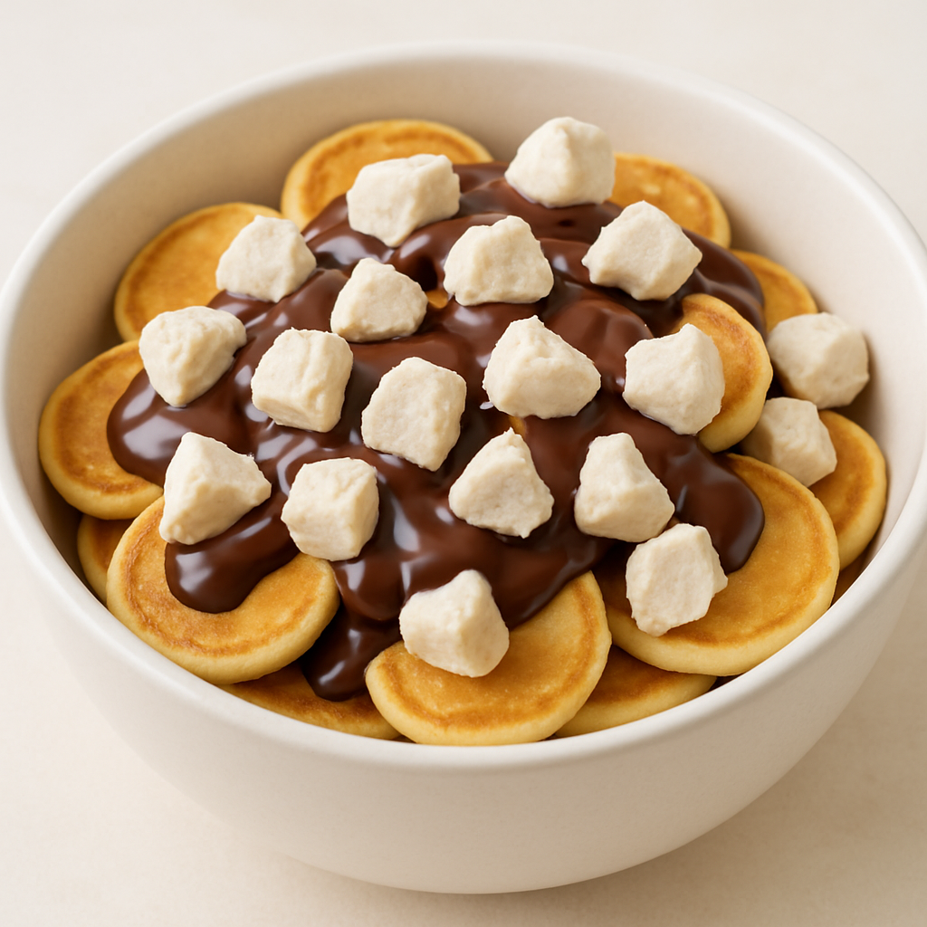 Bowl of pancakes topped with chocolate sauce and Freeze Dried Vanilla Ice Cream with a white background