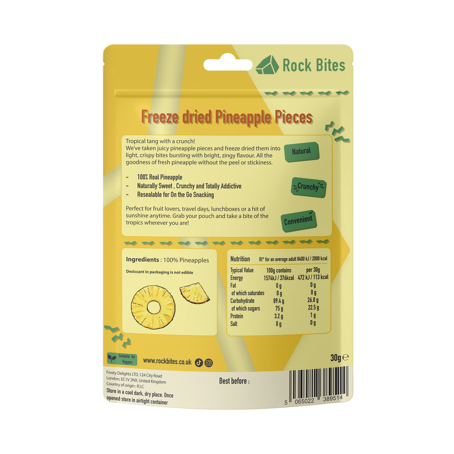 Packaging of Rock Bites freeze-dried pineapple pieces on a white background