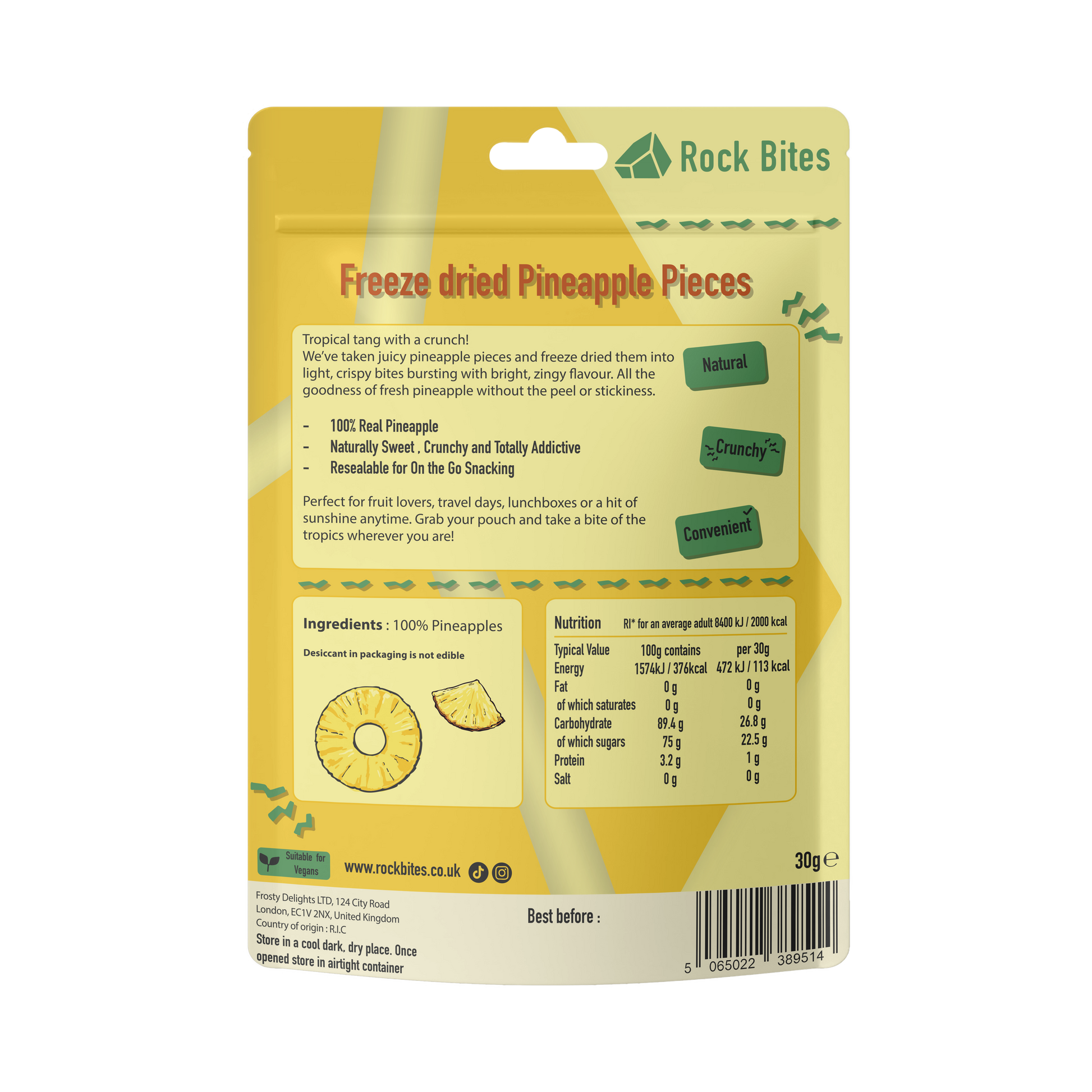 Packaging of Rock Bites freeze-dried pineapple pieces on a white background