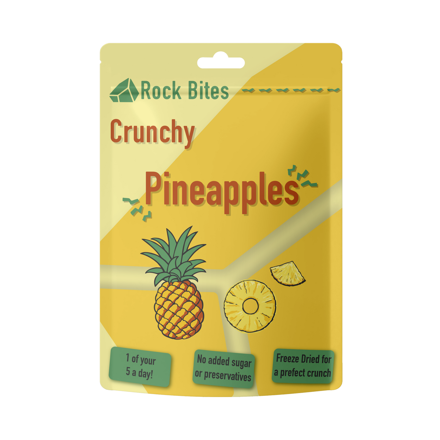 Packaging of Rock Bites Crunchy Pineapples on a white background
