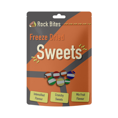 Packaging of Rock Bites Freeze Dried Sweets on a white background