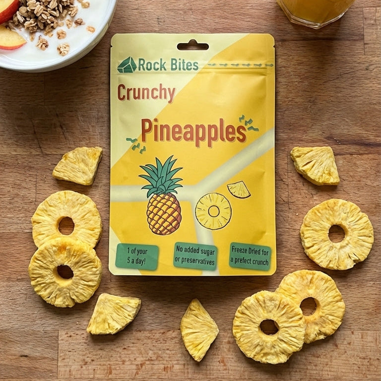 Packaged crunchy pineapple bites on a wooden table with a glass of orange juice and a bowl of cereal.