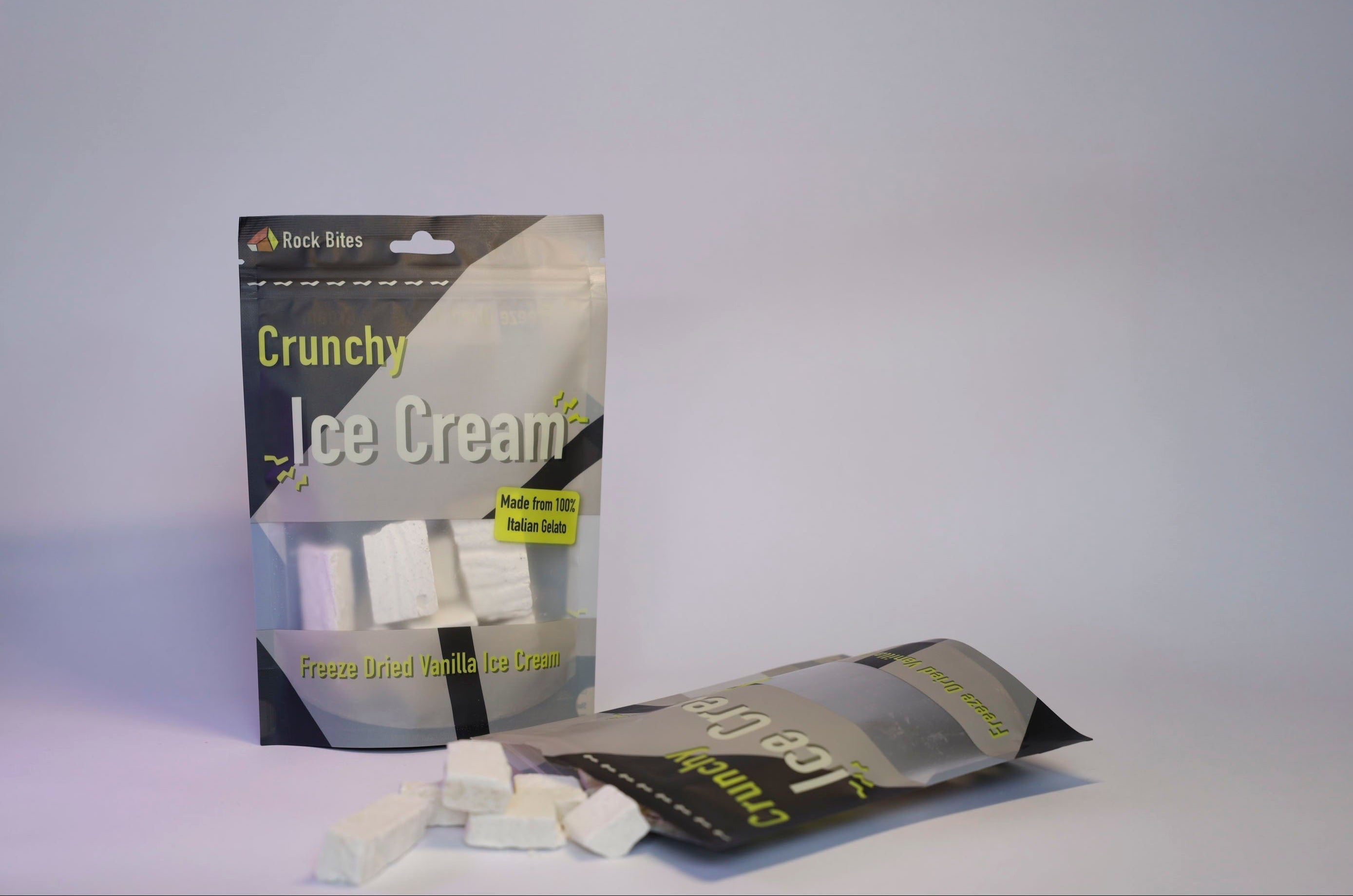 Packaged crunchy ice cream product with visible branding on a plain background