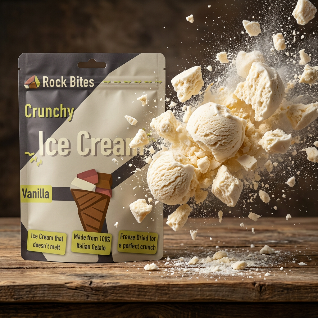 Packaging of 'Crunchy Ice Cream Vanilla' with ice cream scoops and crumbs on a wooden surface.